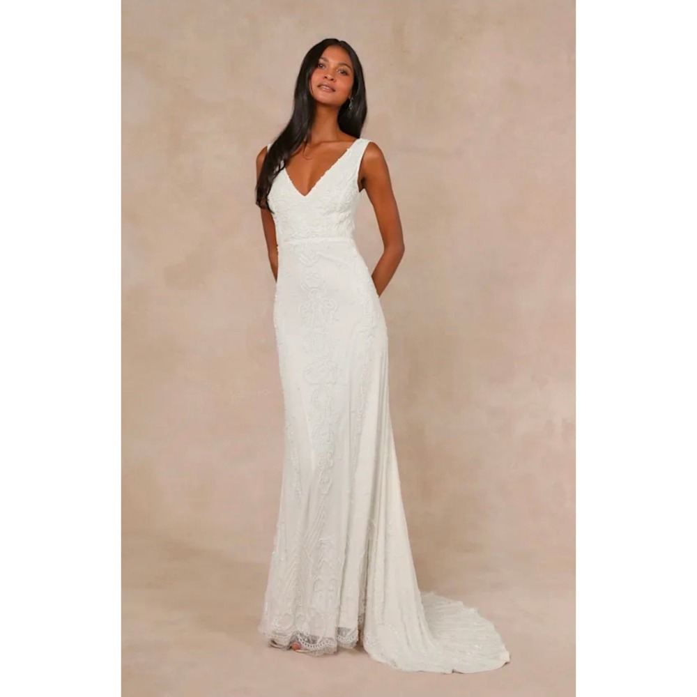 Lulus Passionate Romance Beaded Sequin Mermaid Maxi Dress White Womens Sm FLAWS